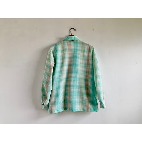 Vintage 70s Pastel Plaid Chore Shirt | Aqua Pink | Lightweight Poly Jacket | M/L - Picture 4 of 5